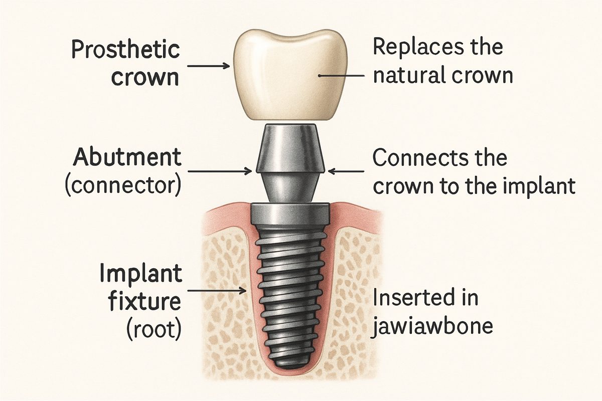Close up, detailed diagram of a dental implant showcasing and labeling the three main components: the implant fixture (root), the abutment (connector), and the prosthetic crown. The diagram should have labels and arrows pointing to each part, with a brief description of its function. No text on image.
