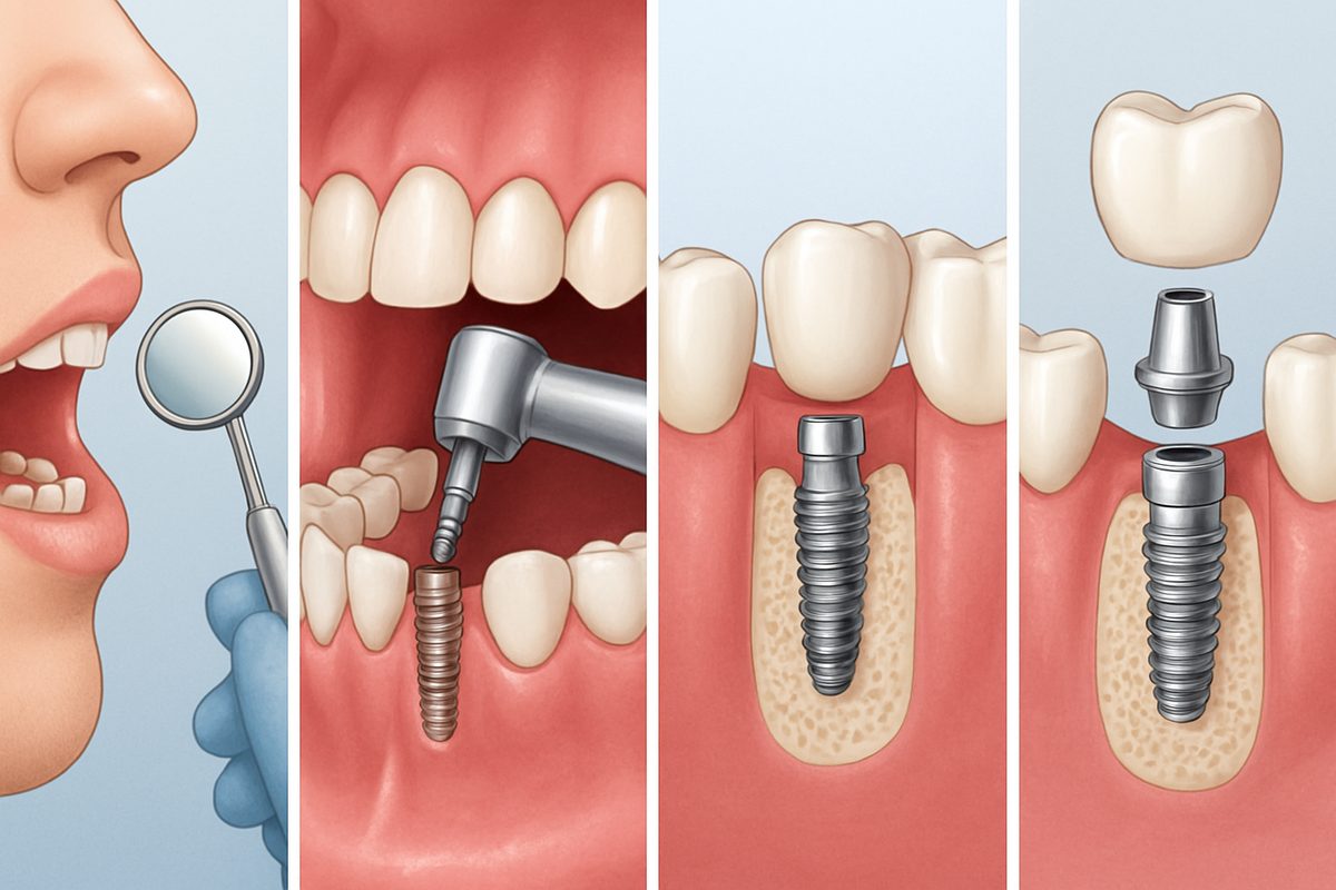 Image depicting the four main stages of dental implant placement: examination and planning, implant placement, healing and bone integration, and abutment and final restoration. No text on image.