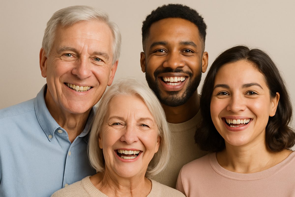 A diverse group of people smiling, showcasing various missing tooth options: dental implants, bridges, and dentures. No text on image.