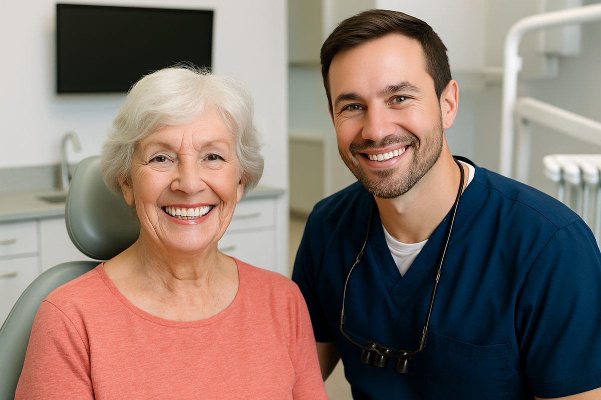 Image of a smiling senior woman in Sarasota, FL, showcasing her new All-on-4 dental implants. She is sitting in a modern dental office with the dentist smiling alongside her. No text on the image.