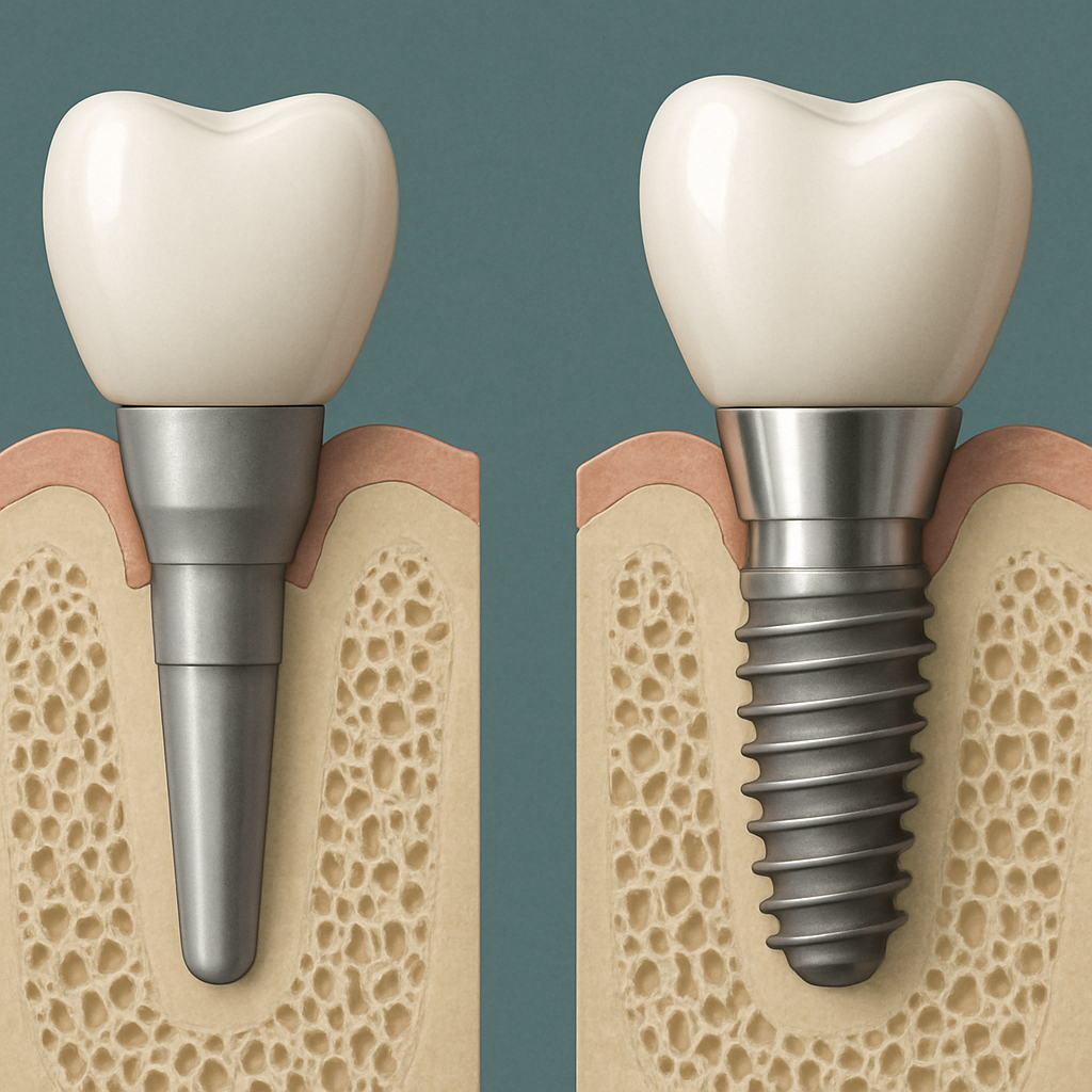 Image comparing a traditional, less effective dental implant with a modern, high-quality implant, highlighting the superior materials, design, and integration of the latter. No text on image.