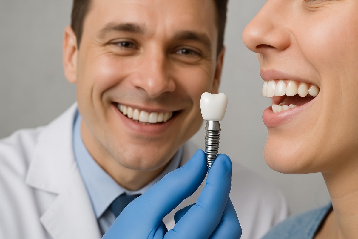 A close-up shot of a dentist smiling while holding an affordable dental implant next to a patient's teeth, showcasing the implant's natural look and seamless integration. No text on the image.